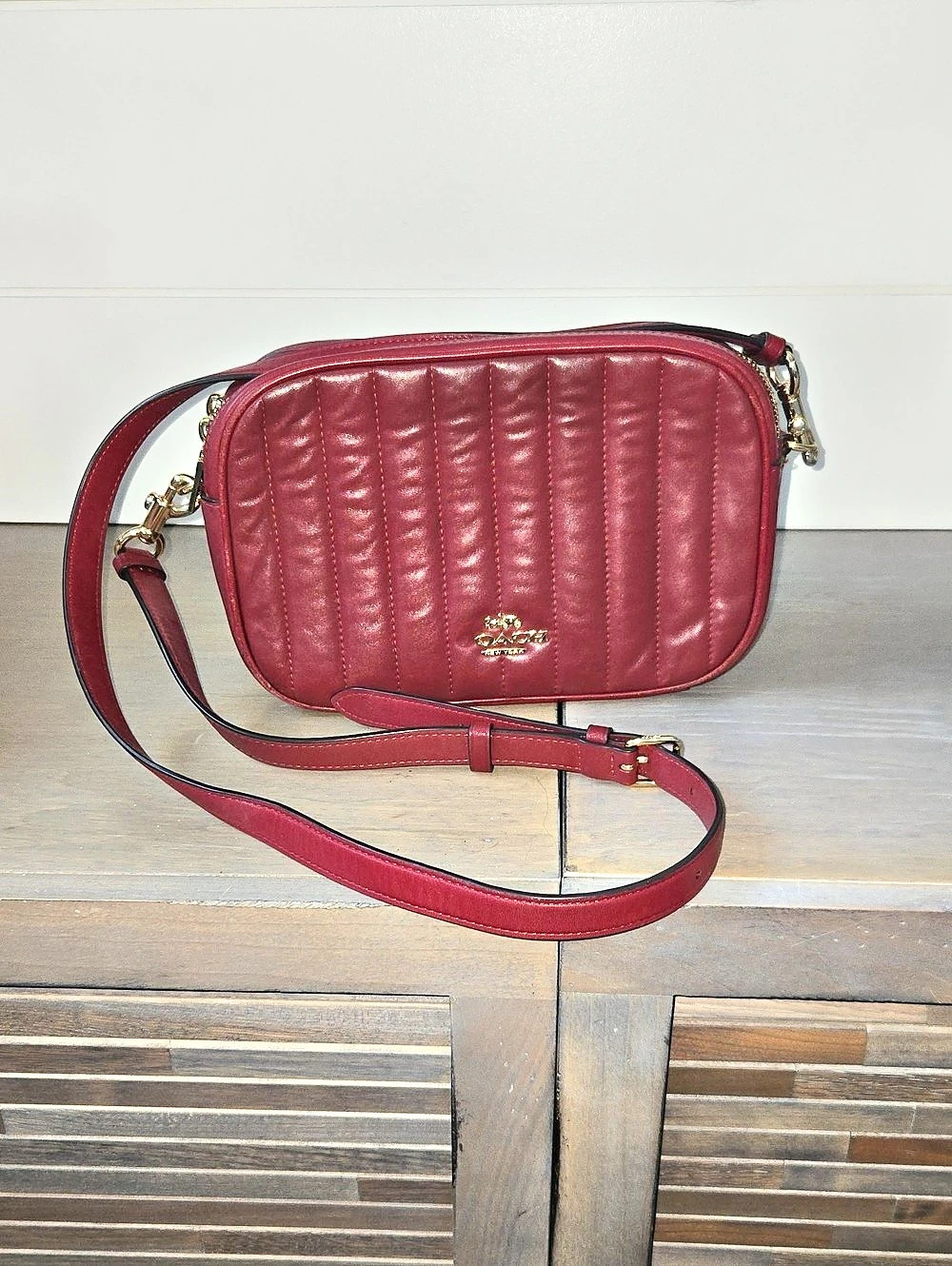 Coach Jes Linear Quilted Camera Bag Crossbody in Red